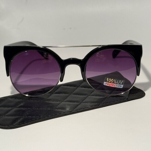 1642 NEW Black Cat Eye Sunglasses Round Lens Eyebrow 100% UV Protection Retro - Picture 2 of 10